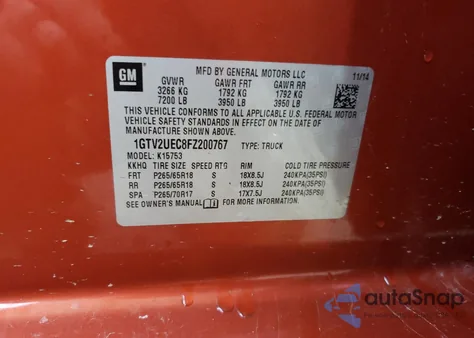 2015 GMC Sierra K1500 Sle z USA, uszkodzony, nr VIN 1GTV2UEC8FZ200767